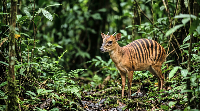 Zebra duiker standing in tropical rainforest