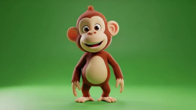 Friendly 3D monkey character waving hand, greeting gesture, on green background.