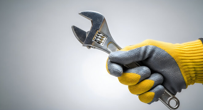 Hand in work glove holding an adjustable wrench
