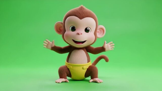 Funny monkey dancing in yellow shorts, energetic 3D character animation.