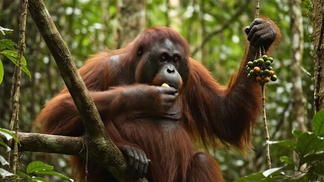 Close up of a Sumatran Orangutans (pongo pygmaeus) is a subspecies of Sumatra, is taking friuts on tree in rainforest, Sumatra, Indonesia.

