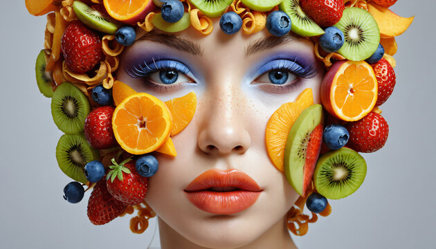 Surrealistisches Beauty Portr&auml;t mit Haaren aus Beeren und Obst