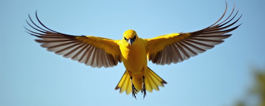 Golden oriole bird flies with spread wings against blue sky background. Detailed view of bright yellow plumage and dark flight feathers. Small wild creature in natural habitat.