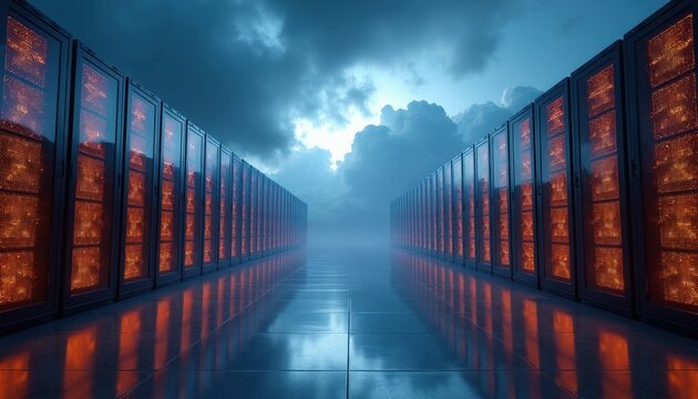 Rows of glowing server racks recede into misty distance. Data center interior glows with orange light under moody blue sky. Computer hardware blinks, indicating active processing in futuristic