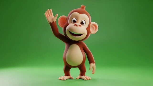 Friendly 3D monkey character waving hand on plain green background.
