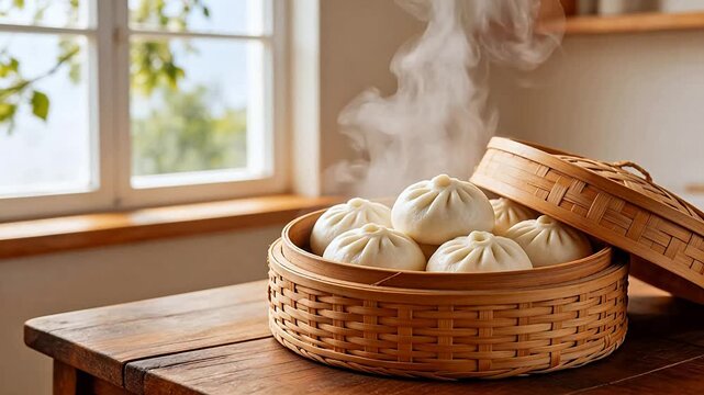 Steaming buns in bamboo basket