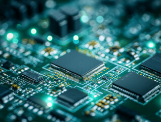 Fototapeta premium Macro close-up of green motherboard featuring integrated circuits. Cinematic cold lighting highlights gold pins against deep tech blue bokeh. Clean copy space for text. 8K resolution for tech