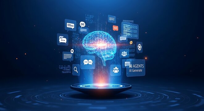 Abstract digital brain network glowing with AI agents and data streams.