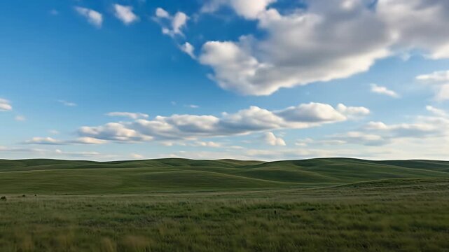 Rolling green hills under a bright blue sky dotted with fluffy white clouds