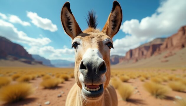 Close up equine face smiles broadly in desert landscape. Wild animal has bright eyes ears up, showing teeth under blue sky. Nature, open space.