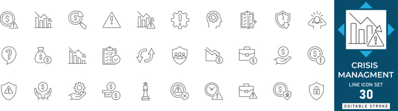 Crisis management line icon set featuring emergency response, risk control, business continuity, disaster recovery, strategy, and stability. Professional editable vector illustration.