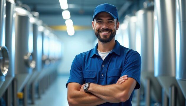 Smiling man in blue uniform stands arms crossed inside modern factory with large metal tanks. He looks experienced and trustworthy, ready for industry work. This image is great for service