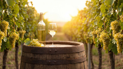 Naklejka premium Glass of white wine and a bottle of wine stand on an old oak barrel against the backdrop of vineyards in the evening sunset.