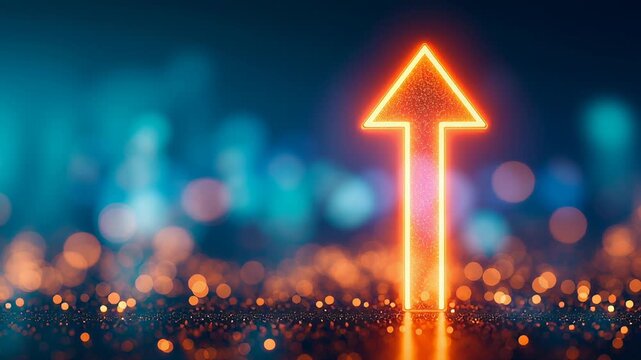Glowing upward arrow on glass wall with bokeh light background symbolizing growth and progress in vibrant atmosphere and orange glowing light