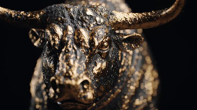 Close up golden bull statue textured metallic sculpture with shiny surface on dark background symbolizing strength and power animal art