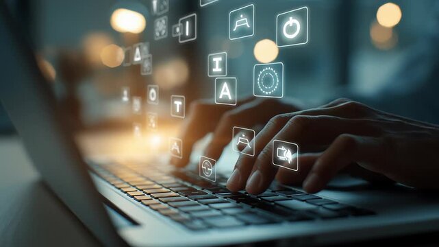 Typing laptop keyboard with digital technology icons floating, symbolizing communication, data exchange, and hands using computer dimly lit