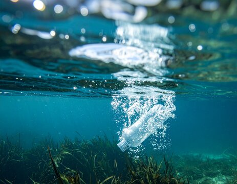 Plastic bottle pollution in the ocean underwater view