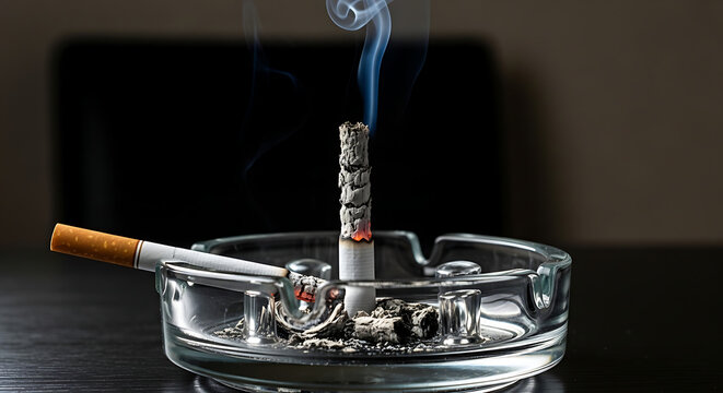Smoking cigarette in glass ashtray closeup.
