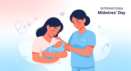 Obraz premium International Midwives' Day illustration of midwife supporting mother with newborn baby