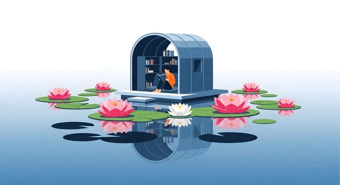 Quiet Floating Library Shelter on Lake with Pink and White Water Lilies