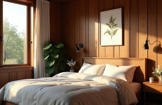 Warm bedroom with wood panel walls and large window. Sunlight streams onto a tidy bed with white linens and pillows. A potted plant and botanical art add natural elements to this serene space.