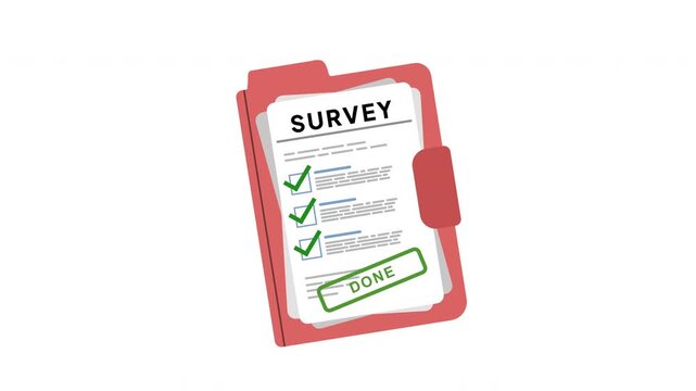 Survey Done : Animation of a Survey Document Sheet with Done Stamp Effect for Feedback Completion, Data Collection and Research Management