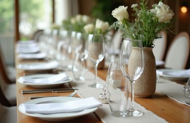 Fototapeta premium Long table setting with white plates and napkins ready for dinner. Wine glasses and flower centerpiece on wooden table. Elegant event setting for celebration or wedding meal.