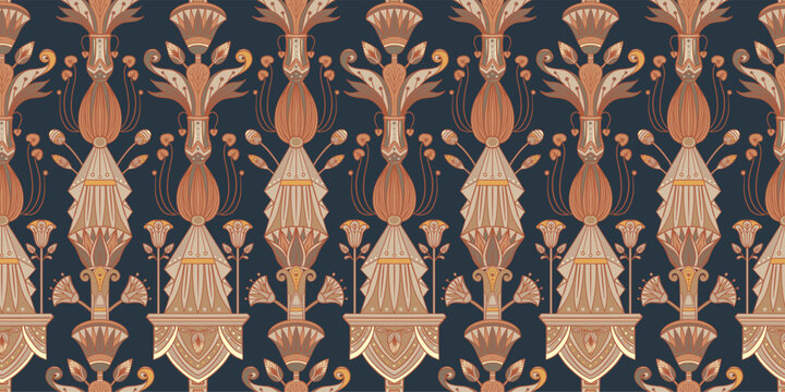 Seamless vector pattern of an ancient Egyptian lotus flower. Hand-drawn retro design in earthy tones, inspired by Egyptology and traditional ornamental motifs. Perfect for textiles, wallpaper, and