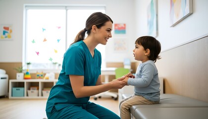Obraz premium A smiling woman with child in a medical clinic for Nurses Day concept, showing empathy and pediatric care during a health checkup in a bright professional environment