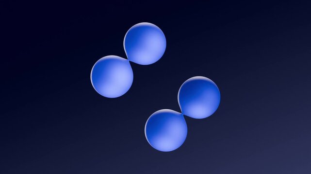 3D rendering of blue spheres morph and transform around dark background