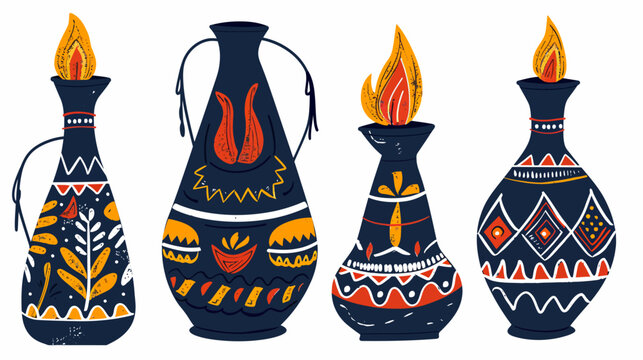 Four stylized decorative jugs with flames on top. Ornate designs in white, orange, and yellow on dark blue
