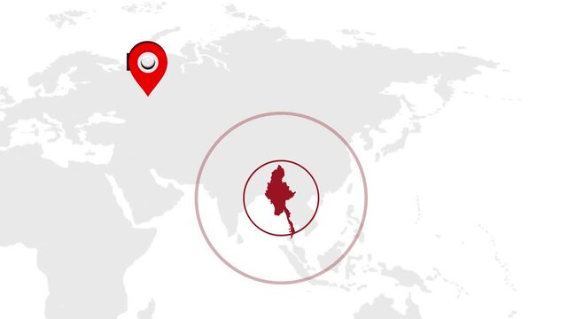 Myanmar Country Location Animation on Digital World Map