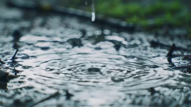 Tropical rain drops falling on ground.
