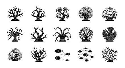 Coral reef black silhouettes marine life. © zulfa