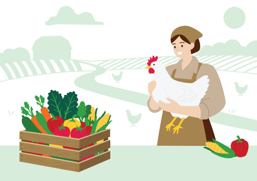 Happy female farmer holding a white chicken with a crate of fresh organic vegetables