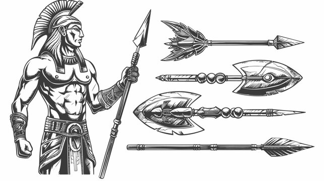 A detailed monochrome illustration of a warrior holding a spear and various stylized arrowheads