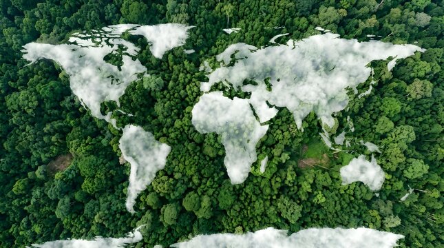 Aerial view of a vibrant green forest creating the outline of the world map with clouds forming continents.