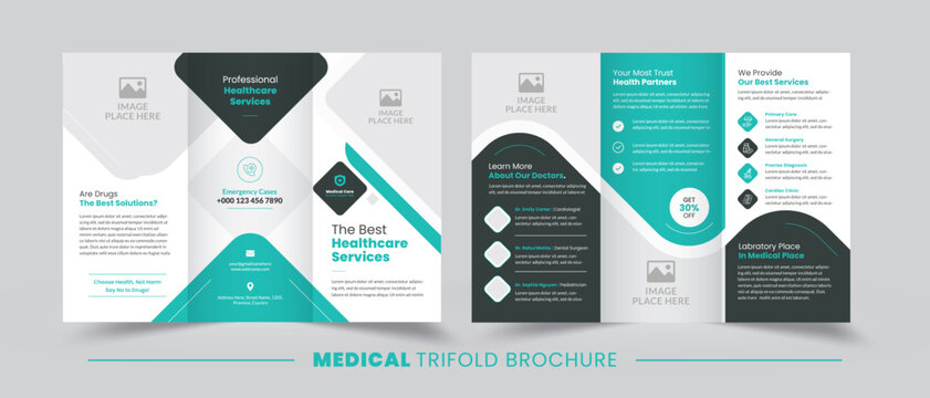 Professional medical trifold brochure design with abstract geometric shapes and teal color palette for healthcare services.