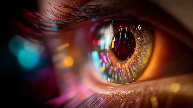 Close up human eye glowing with colorful light reflection and vibrant bokeh creating mesmerizing detailed eyelashes and futuristic digital art effect