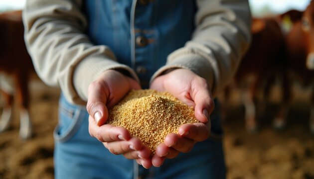 Farmer holds grain feed in cupped hands. Cows are visible in the blurry background. Focus is on healthy animal nutrition and farm work. Concept of agriculture and livestock care.