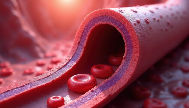 Close up of blood vessel cross section. Red blood cells flow inside artery or vein with muscular wall layers. Microscopic view of circulatory system.