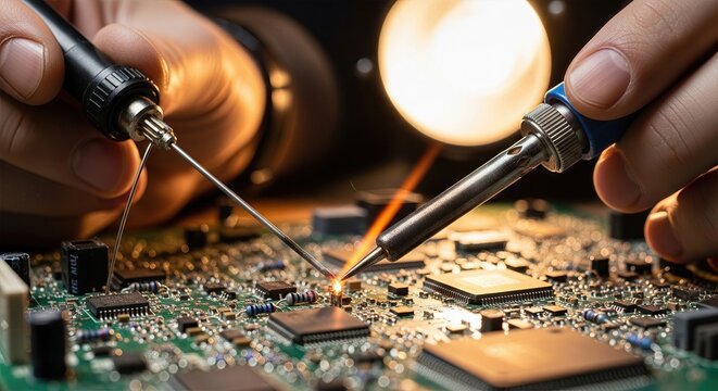 Hands soldering components on a motherboard, concept of technical precision, repair and electronics