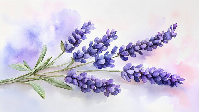 Elegant watercolor illustration of lavender sprigs on a background of soft purple and pink washes Generative AI
