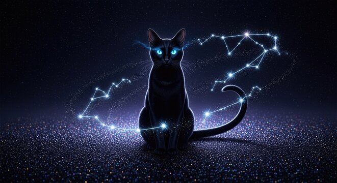 Mystic black cat with glowing blue eyes and star constellations (Felis catus), deep space background and magic atmosphere