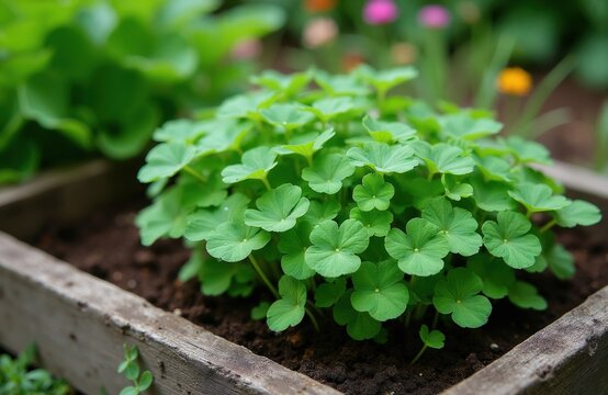 Small green oca plants grow in wooden garden bed. Lush leaves form dense ground cover in rich soil. Outdoor cultivation, fresh produce, healthy natural food.