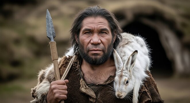 Proud prehistoric man with spear and rabbit (Oryctolagus cuniculus), hunting and subsistence concept