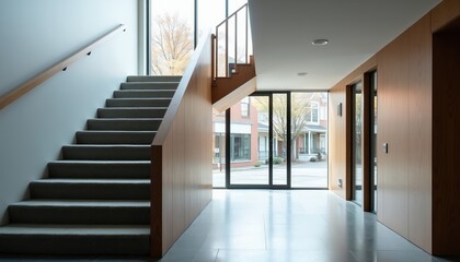 Obraz premium Modern staircase with wooden accents and grey carpet leads up. Floor to ceiling windows reveal outside street view. Building interior hallway with minimalist design and natural light.
