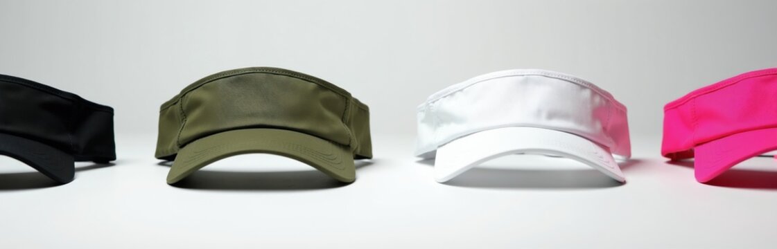 Four adjustable sun visors black olive green white and pink arranged in studio. Headwear offers sun protection for outdoor sports like tennis and golf. Minimalist plain caps for men and women.