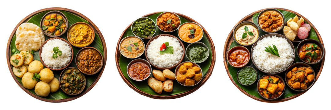 Indian Thali Meals with Variety of Dishes Collection Isolated on Transparent or White Background