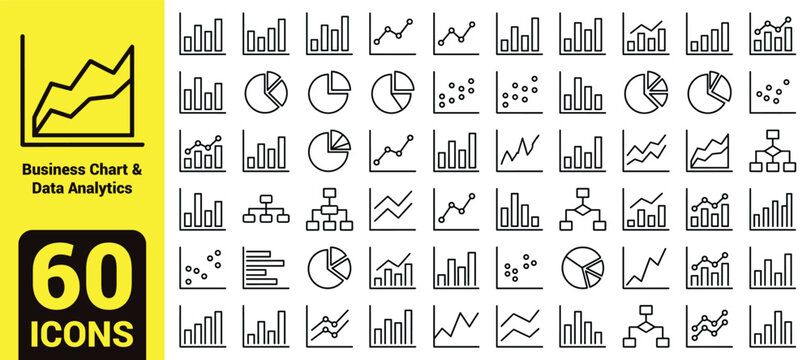 Business Chart and Data Analytics Icon Set featuring Bar Graphs, Line Diagrams, Pie Charts, Scatter Plots, Flowcharts, Financial Reporting Tools, and Statistical Visualization.